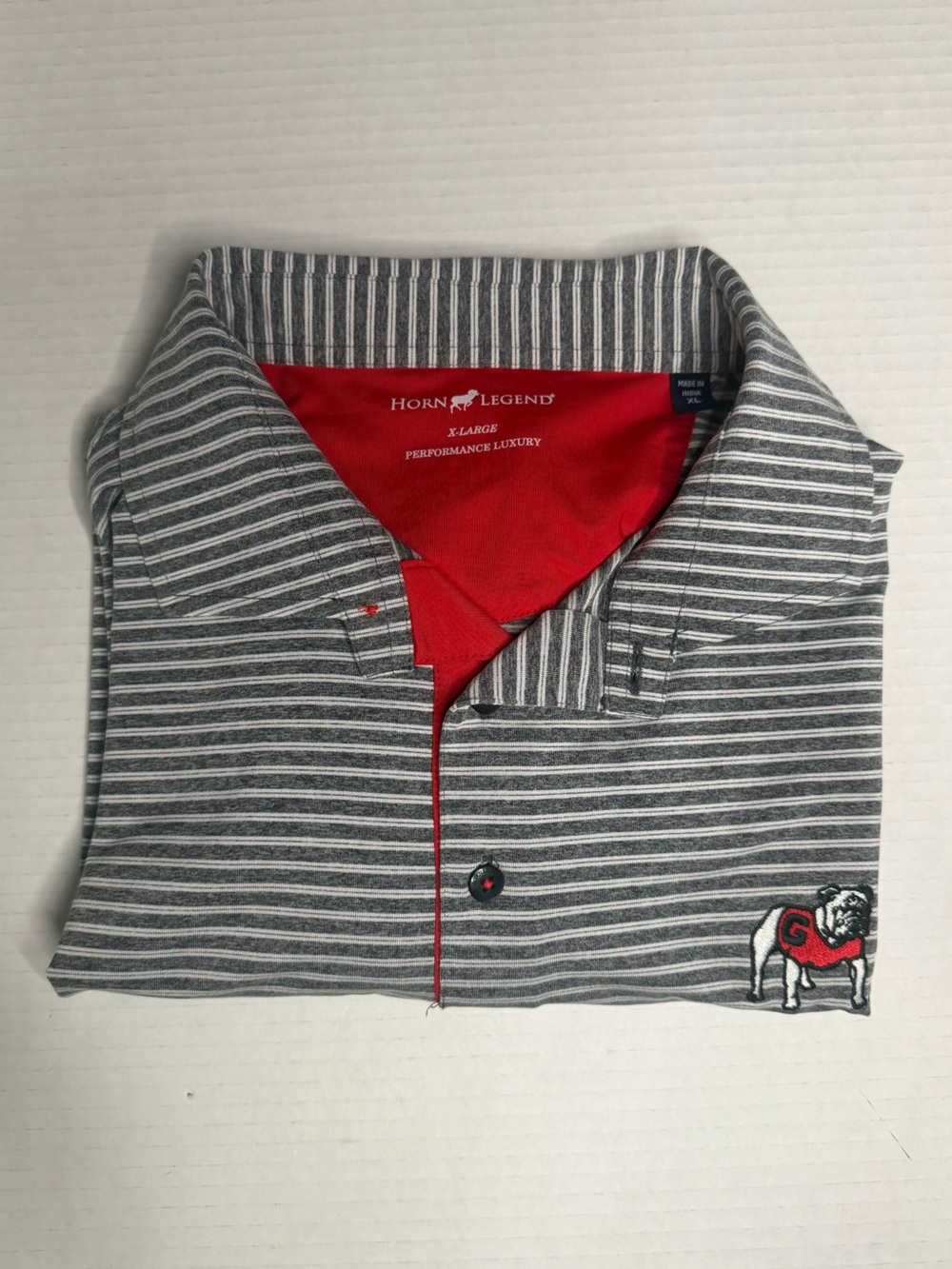 Horn Legend Georgia Bulldogs Polo Shirt Mens XL Gray White Striped Performance
